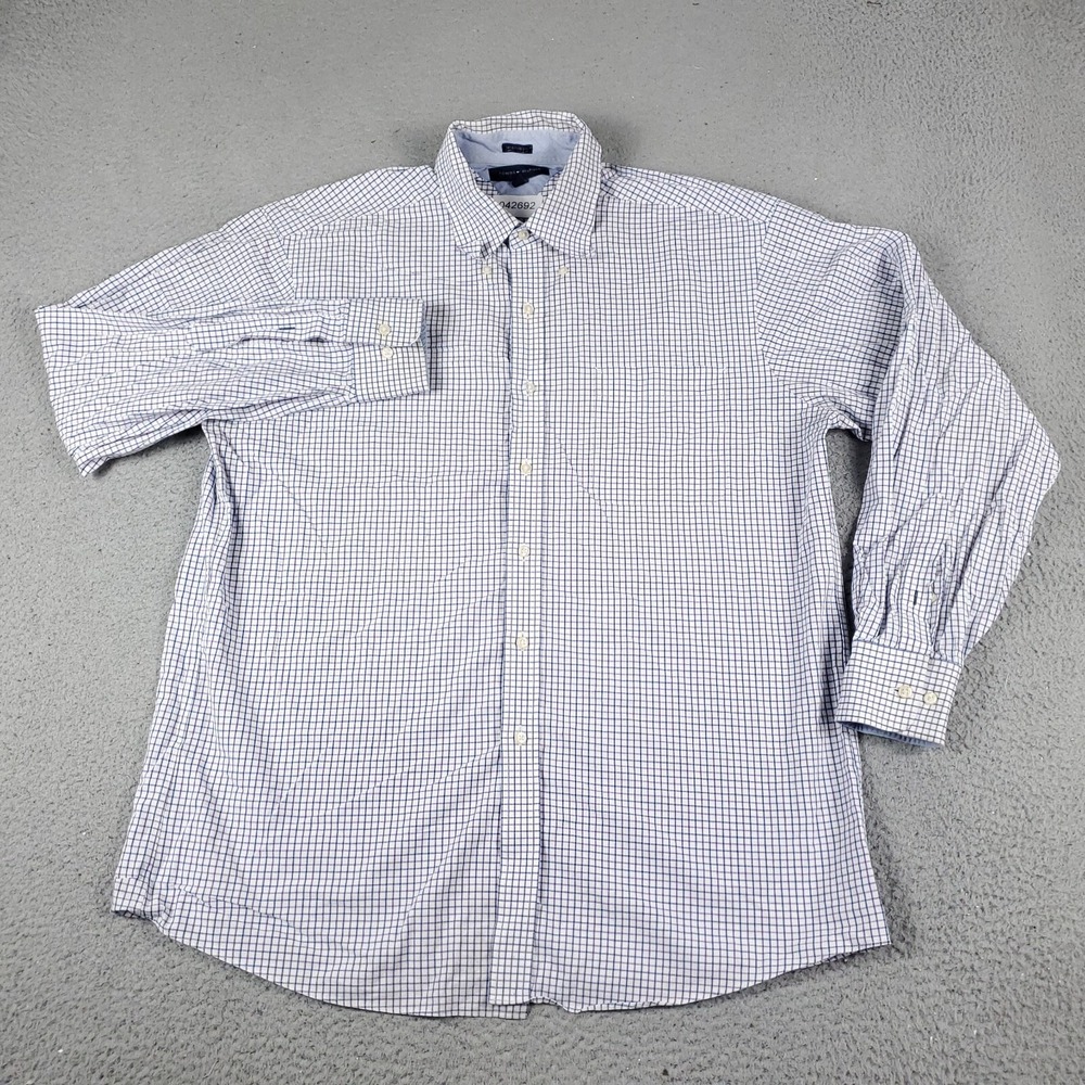 Tommy Hilfiger Shirt Mens Large Blue Check Casual Button Up Long Sleeve *